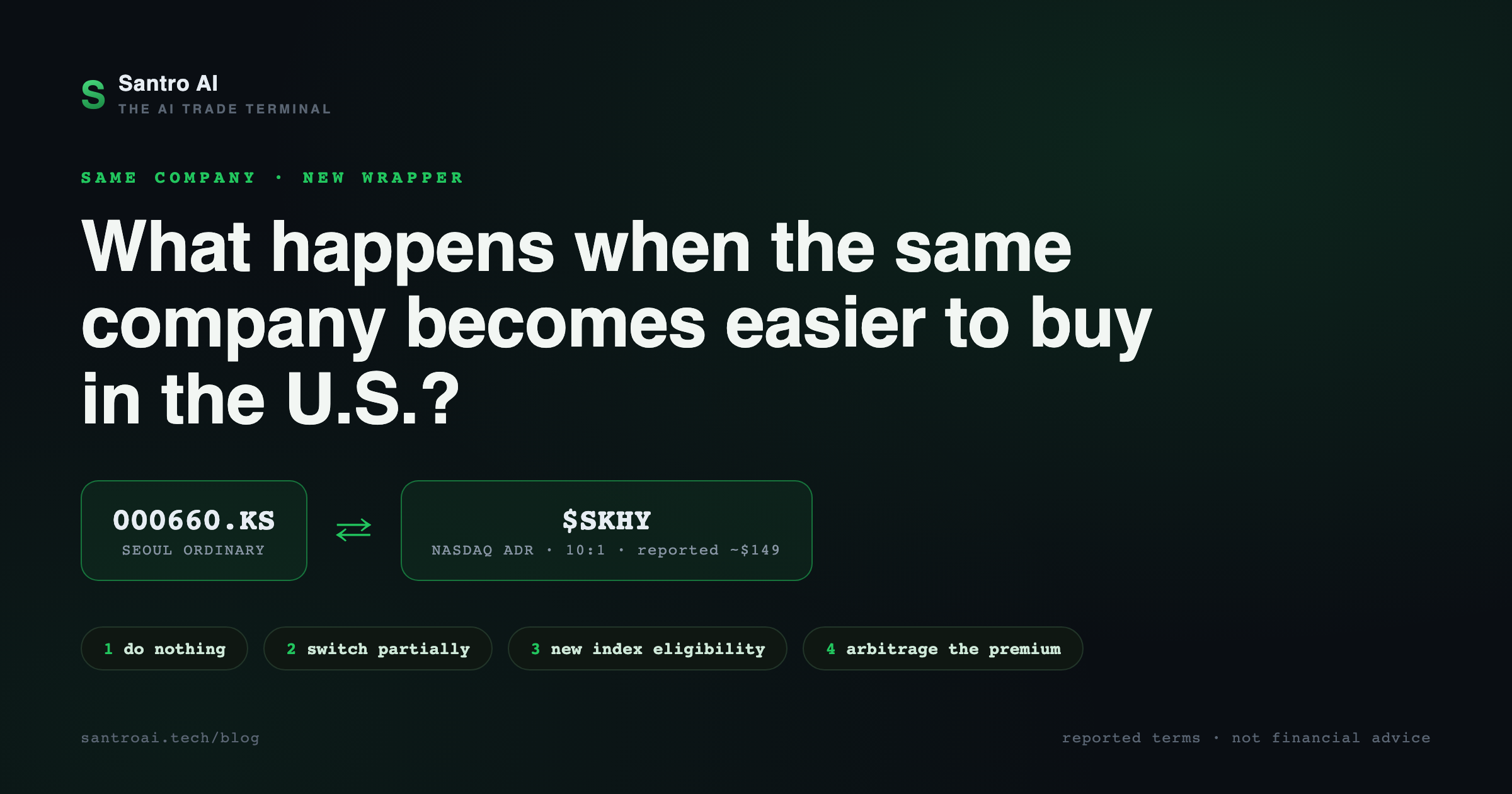 Santro AI card: same company, new wrapper. Seoul-listed SK Hynix and the $SKHY ADR — four ways ETF flows can change: do nothing, switch partially, new index eligibility, arbitrage.