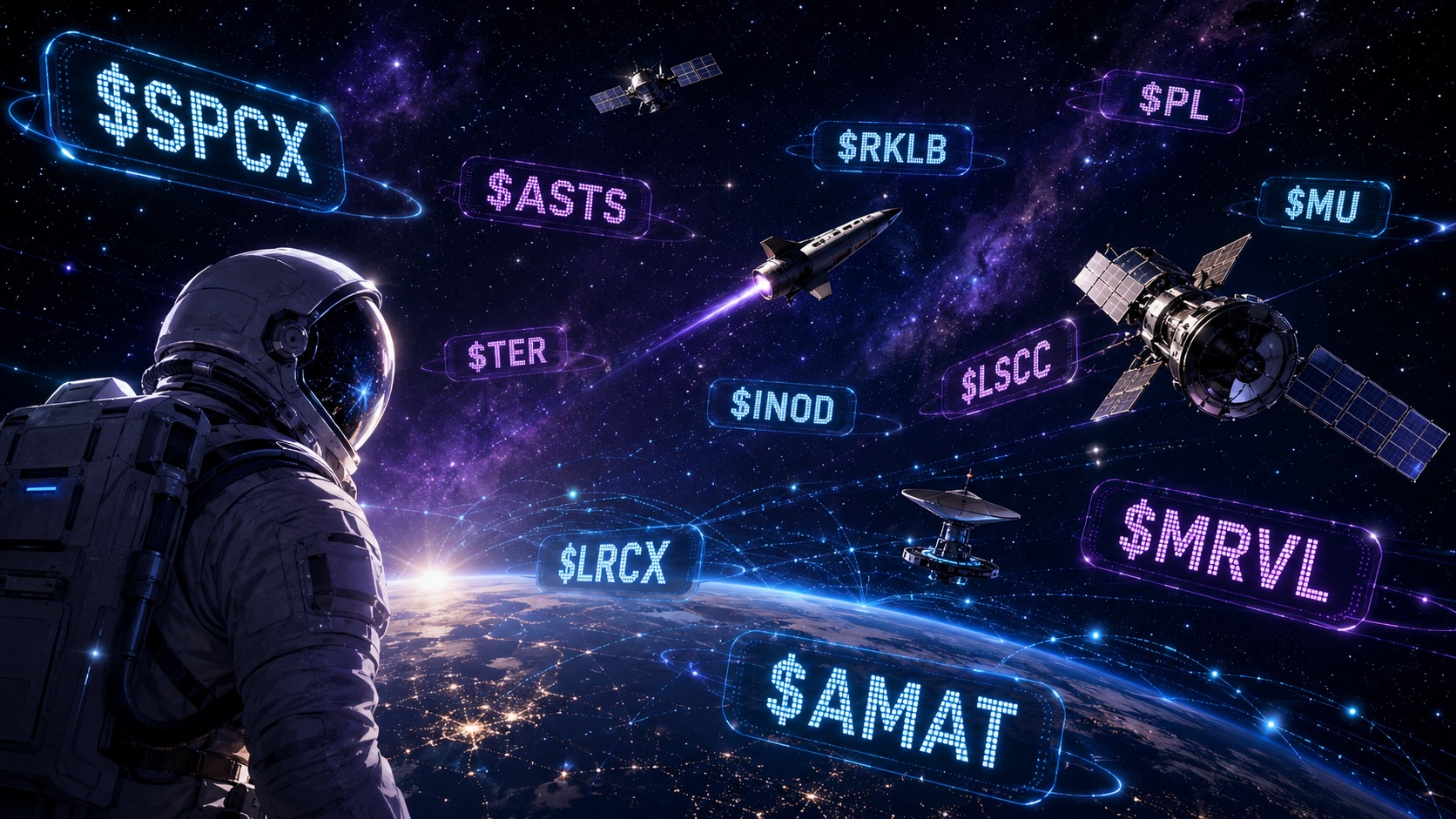 An astronaut looking over Earth at glowing neon ticker holograms: $SPCX, $ASTS, $RKLB, $PL, $MU, $TER, $INOD, $LSCC, $LRCX, $MRVL, $AMAT.